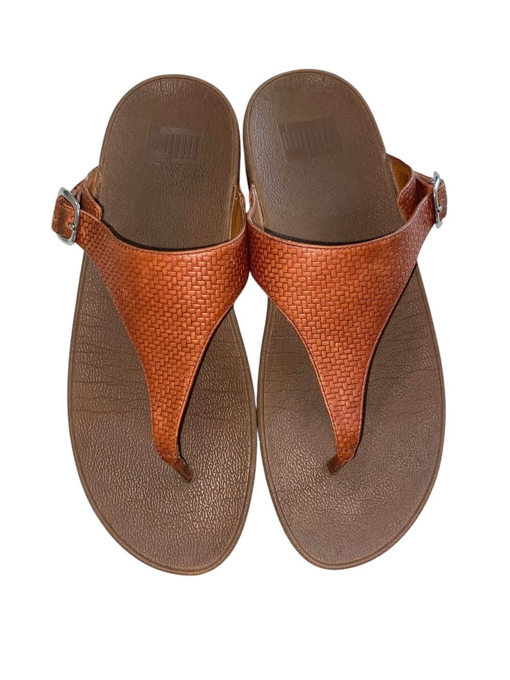 FitFlop Sandals Woven Leather Look Thong Buckle Comfort Cognac Brown Size 9